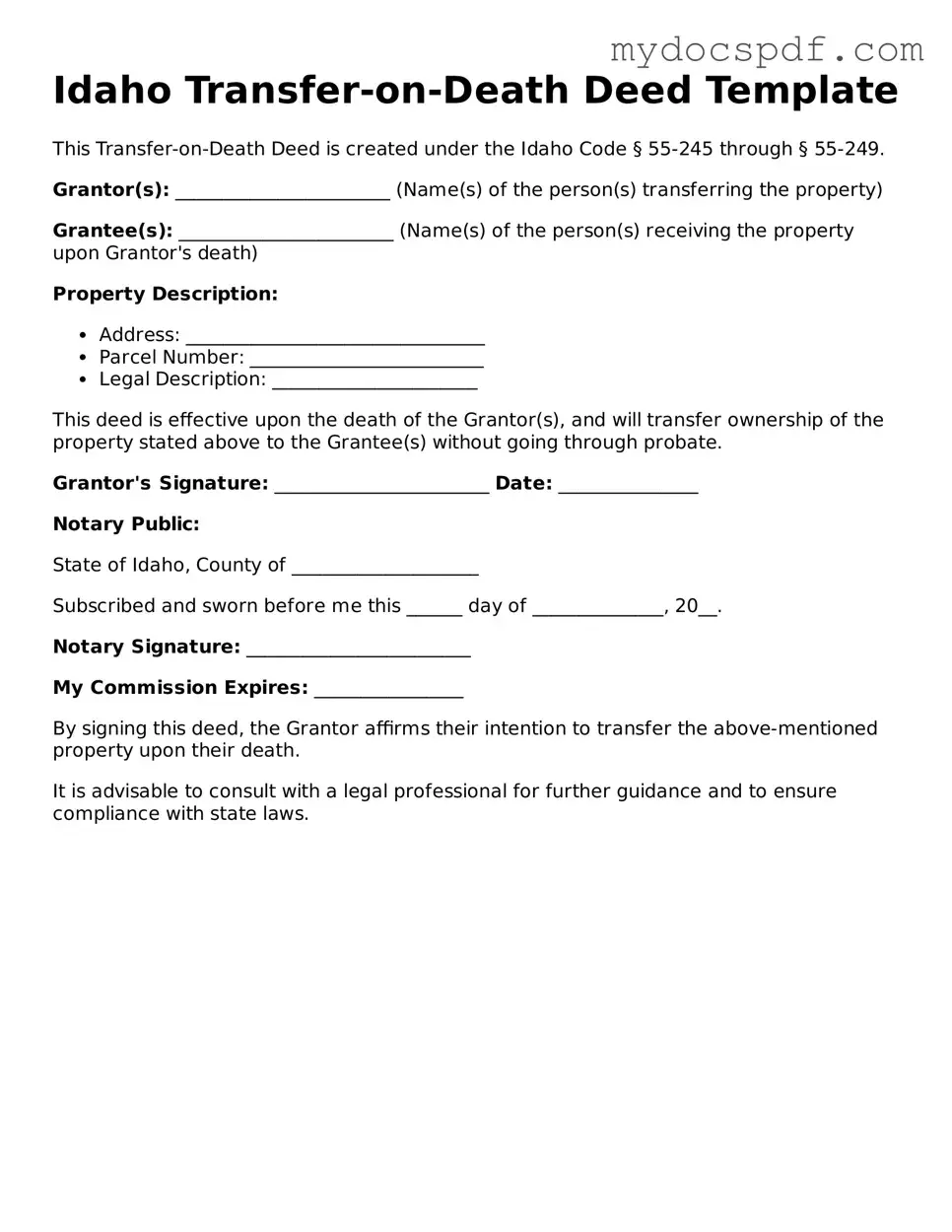 Fillable Idaho Transfer-on-Death Deed Document