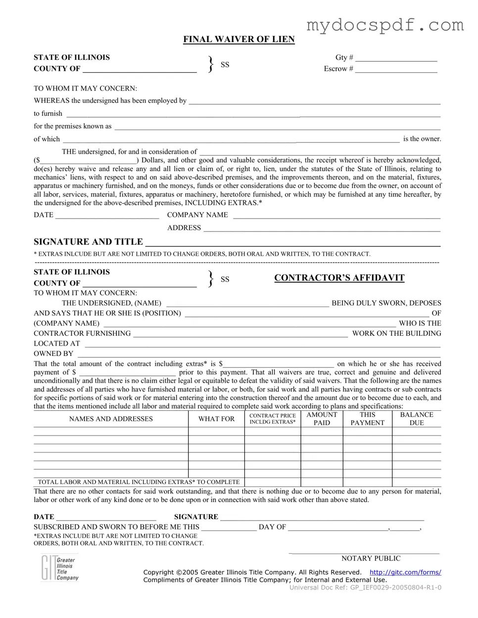 Get Illinois Final Waiver Of Lien Form in PDF