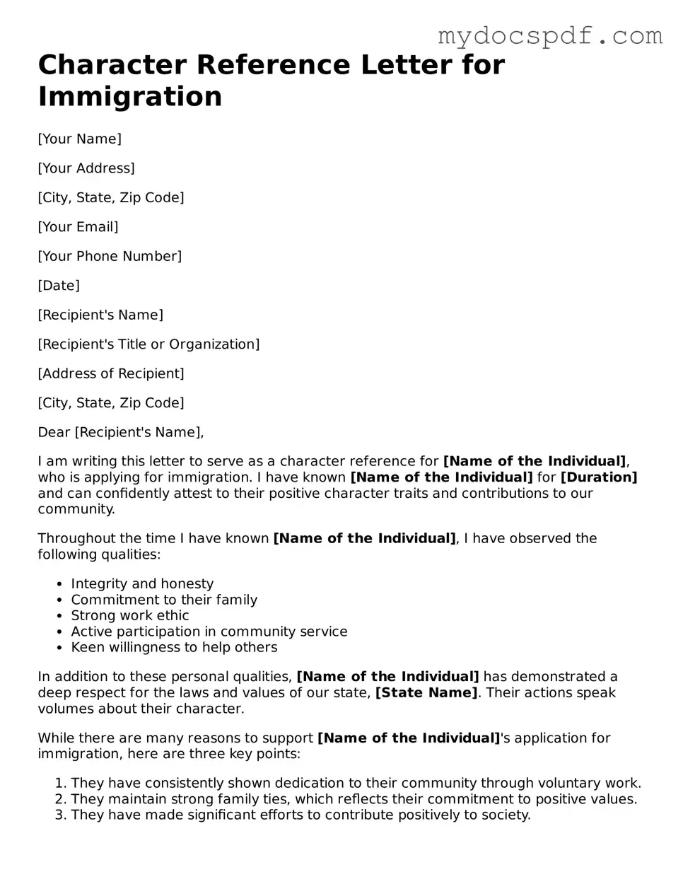 Attorney-Approved Character Reference Letter for Immigration Template