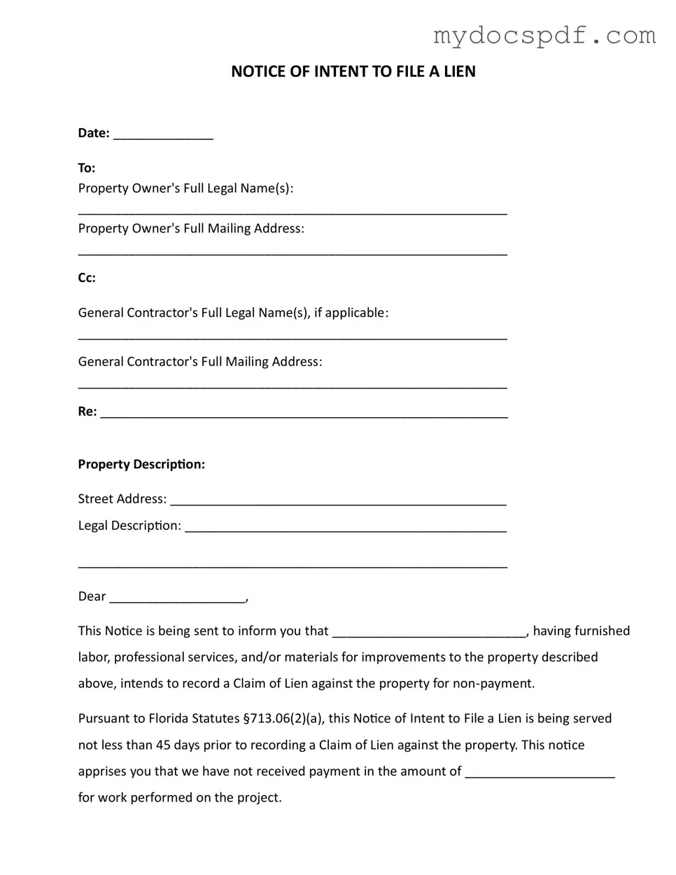 Get Intent To Lien Florida Form in PDF