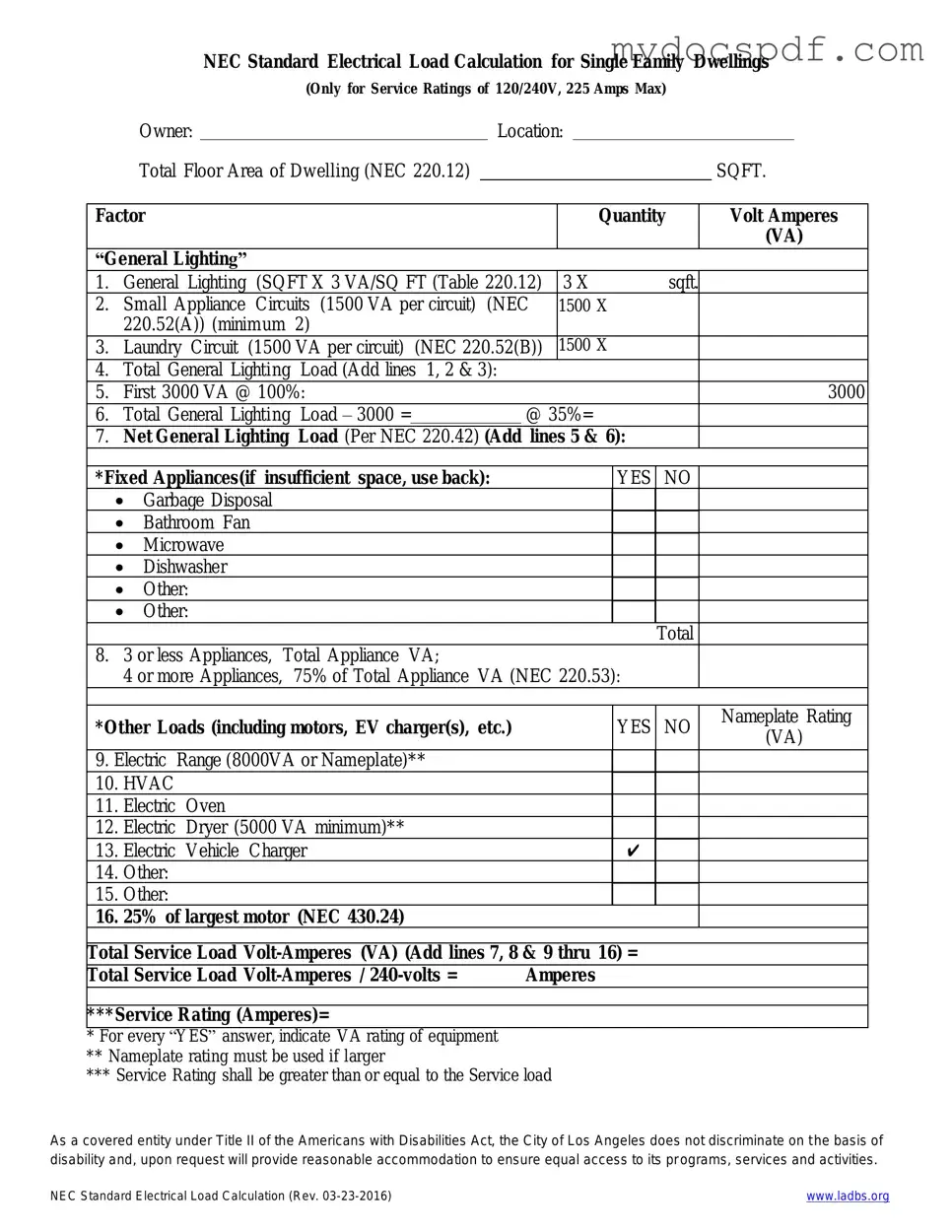 Get LADBS NEC Standard Electrical Load Calculation Form in PDF