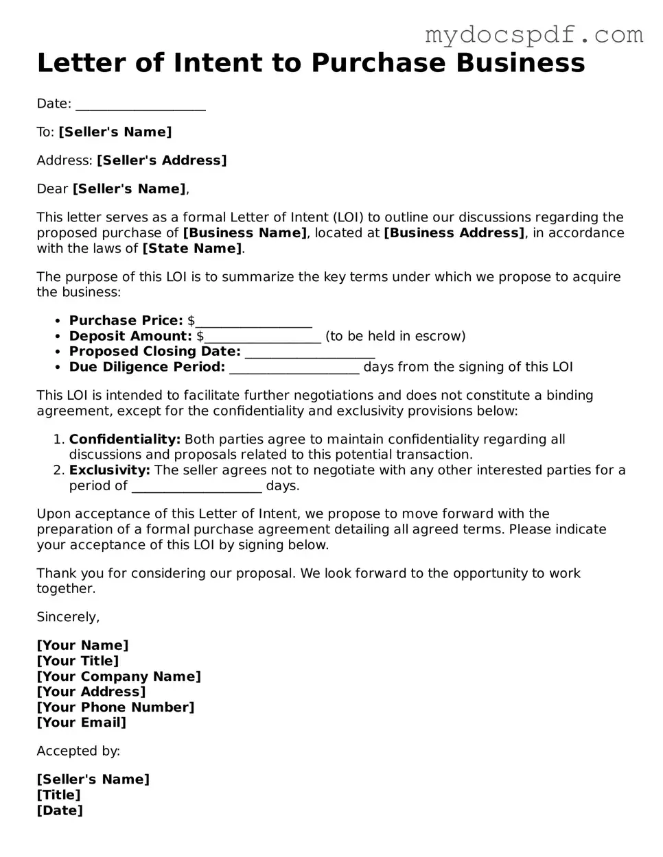 Attorney-Approved Letter of Intent to Purchase Business Template