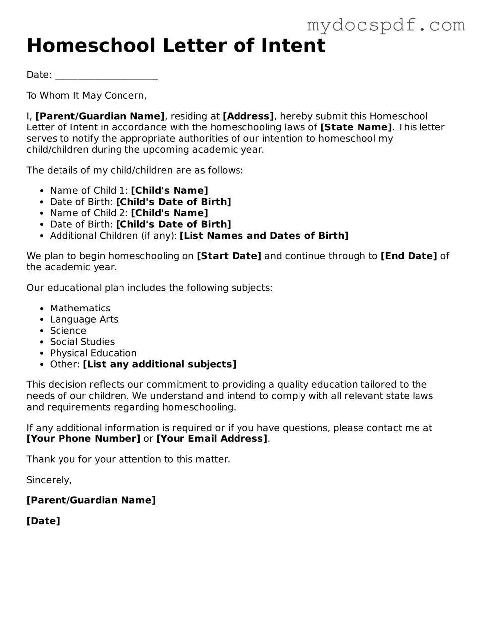 Attorney-Approved Homeschool Letter of Intent Template