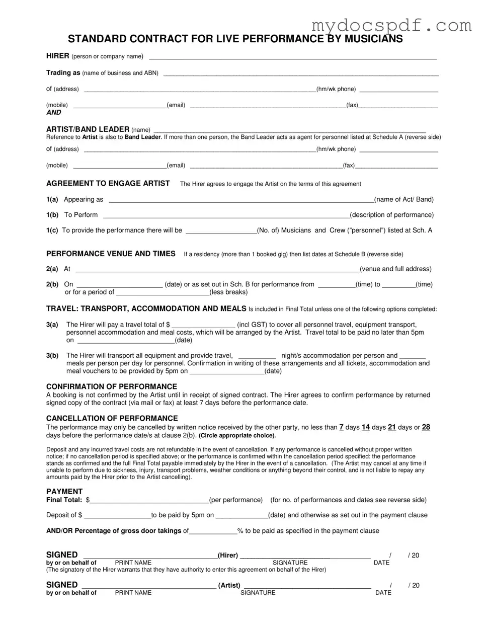 Get Live Performance Contract Form in PDF