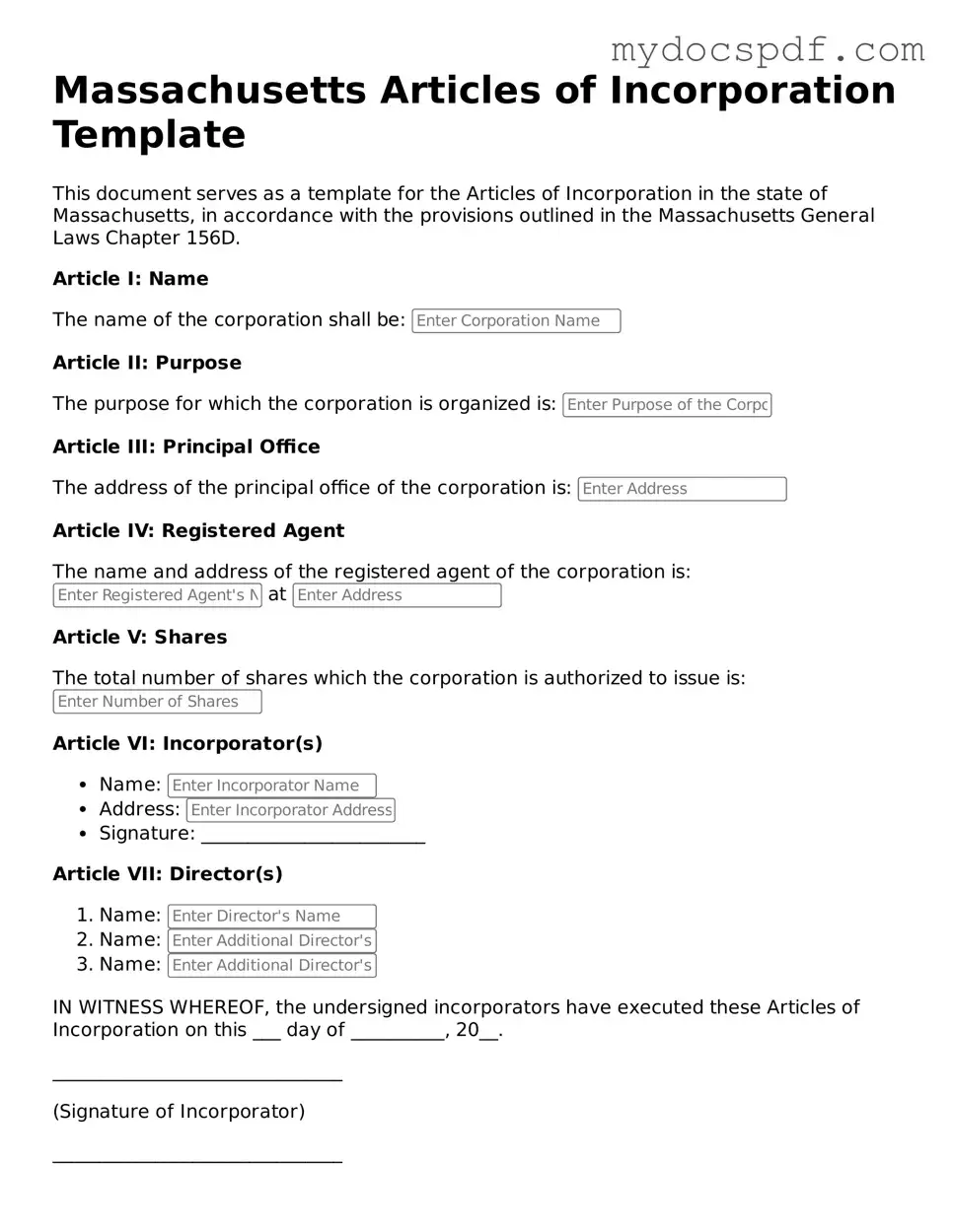 Fillable Massachusetts Articles of Incorporation Document
