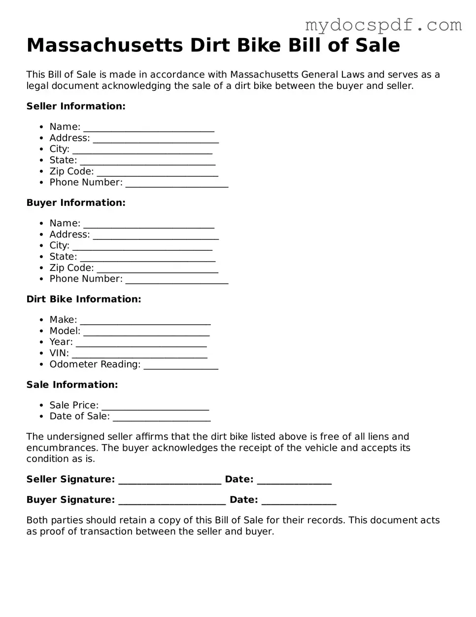 Fillable Massachusetts Dirt Bike Bill of Sale Document