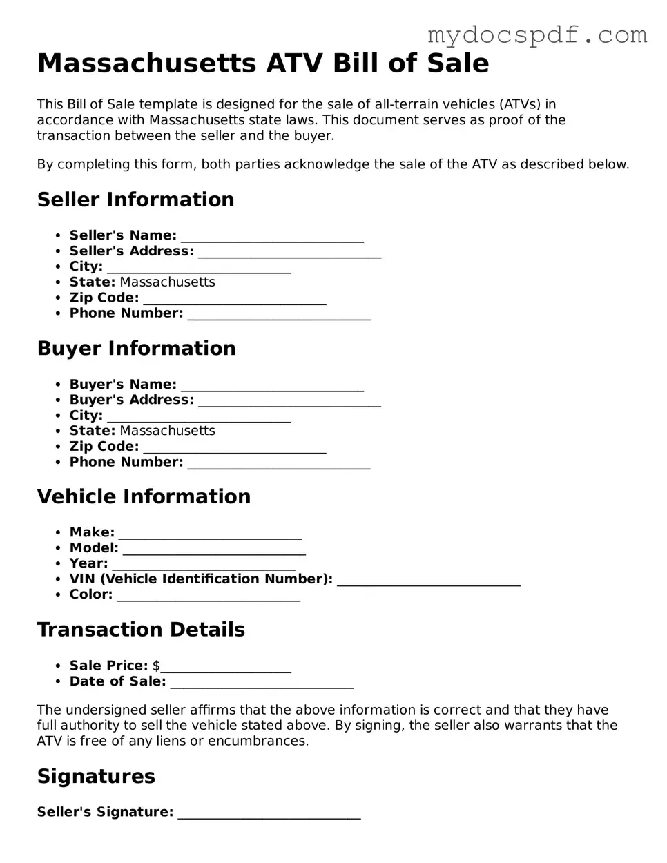 Fillable Massachusetts ATV Bill of Sale Document