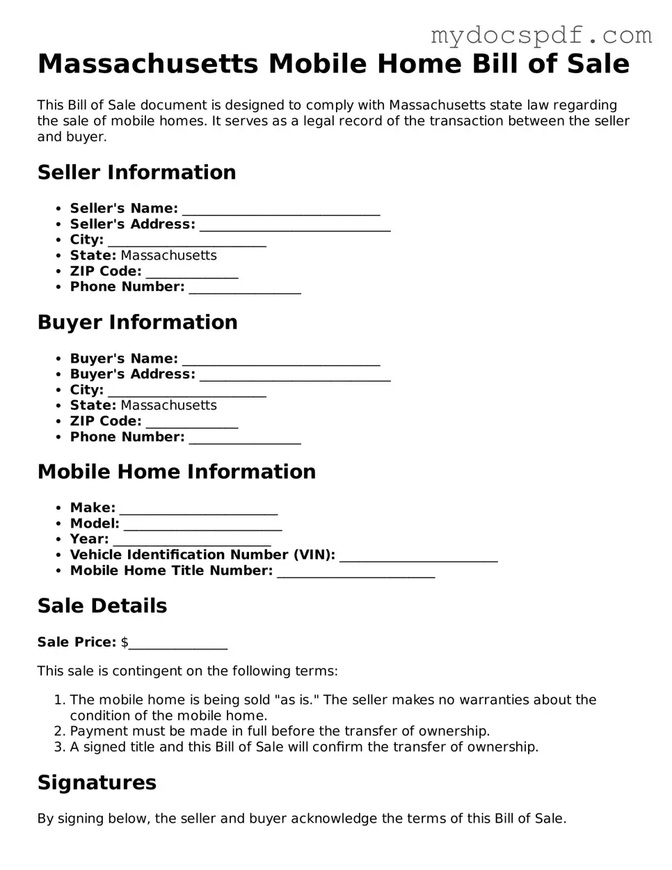 Fillable Massachusetts Mobile Home Bill of Sale Document