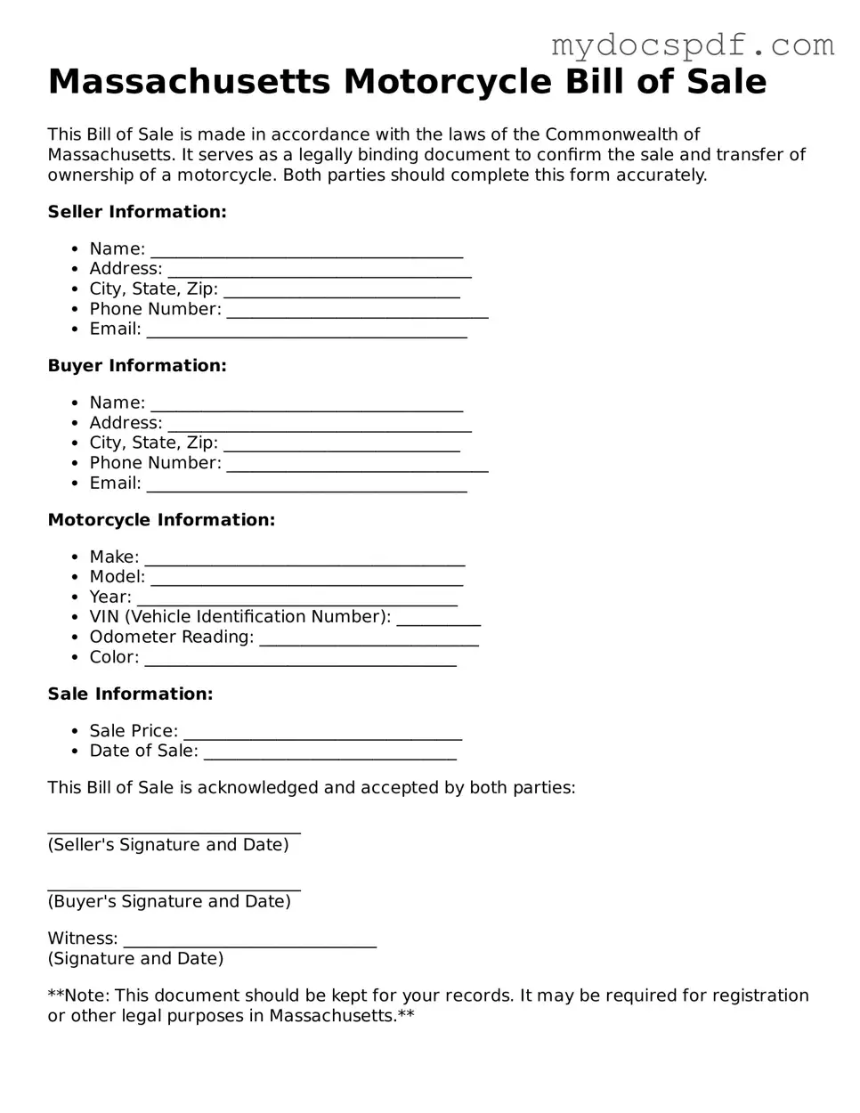 Fillable Massachusetts Motorcycle Bill of Sale Document