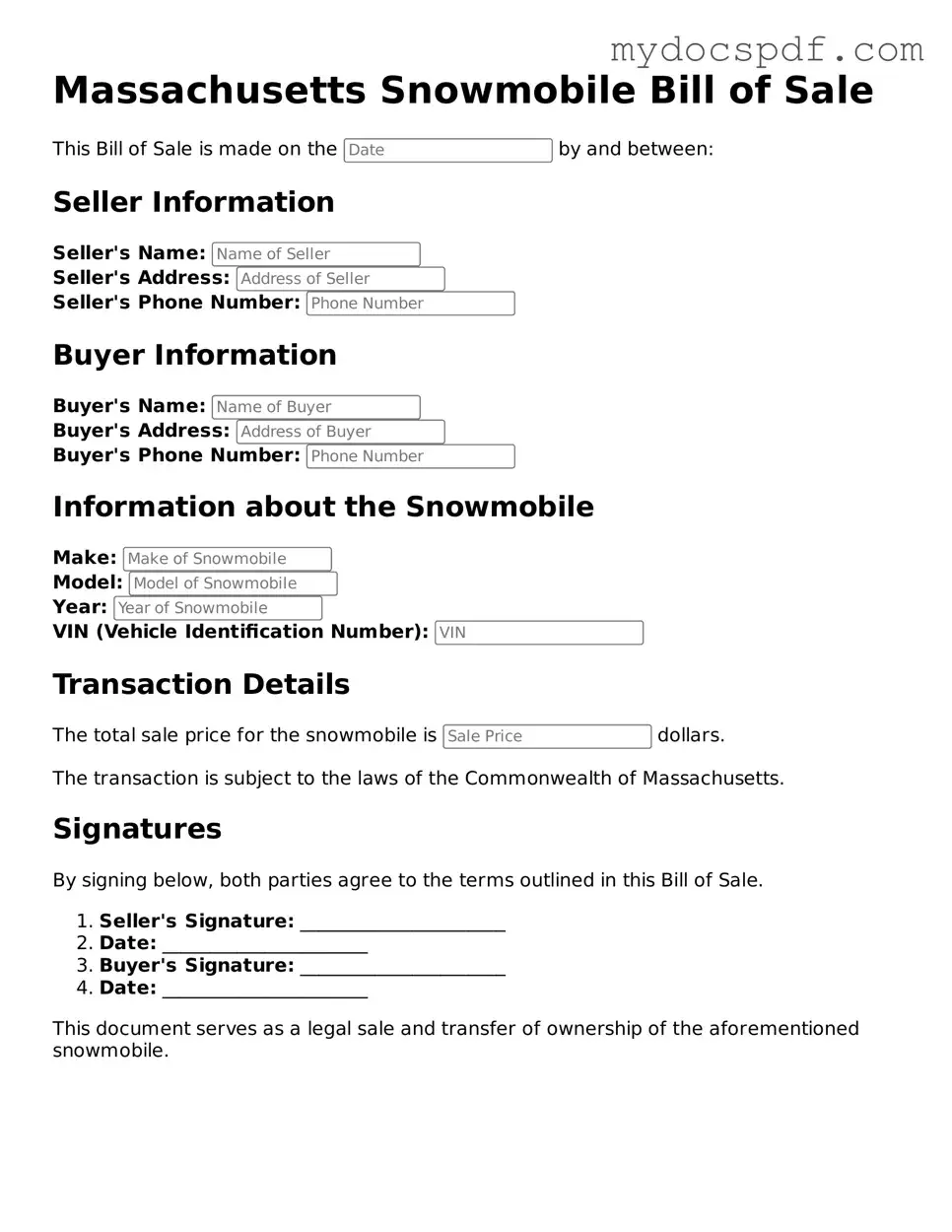 Fillable Massachusetts Snowmobile Bill of Sale Document