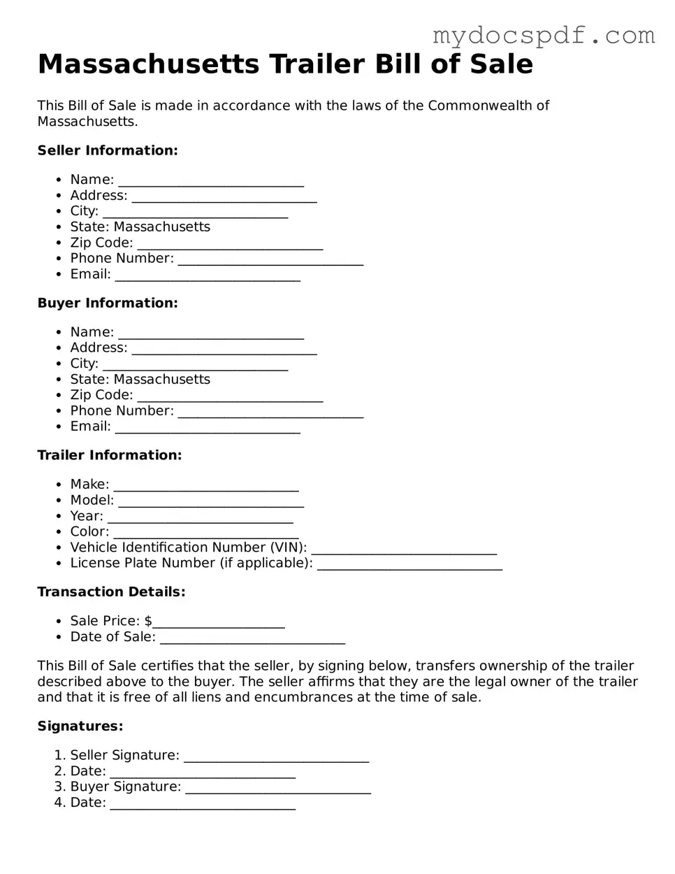 Fillable Massachusetts Trailer Bill of Sale Document