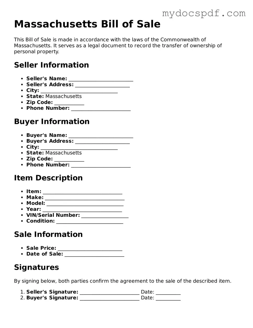Fillable Massachusetts Bill of Sale Document