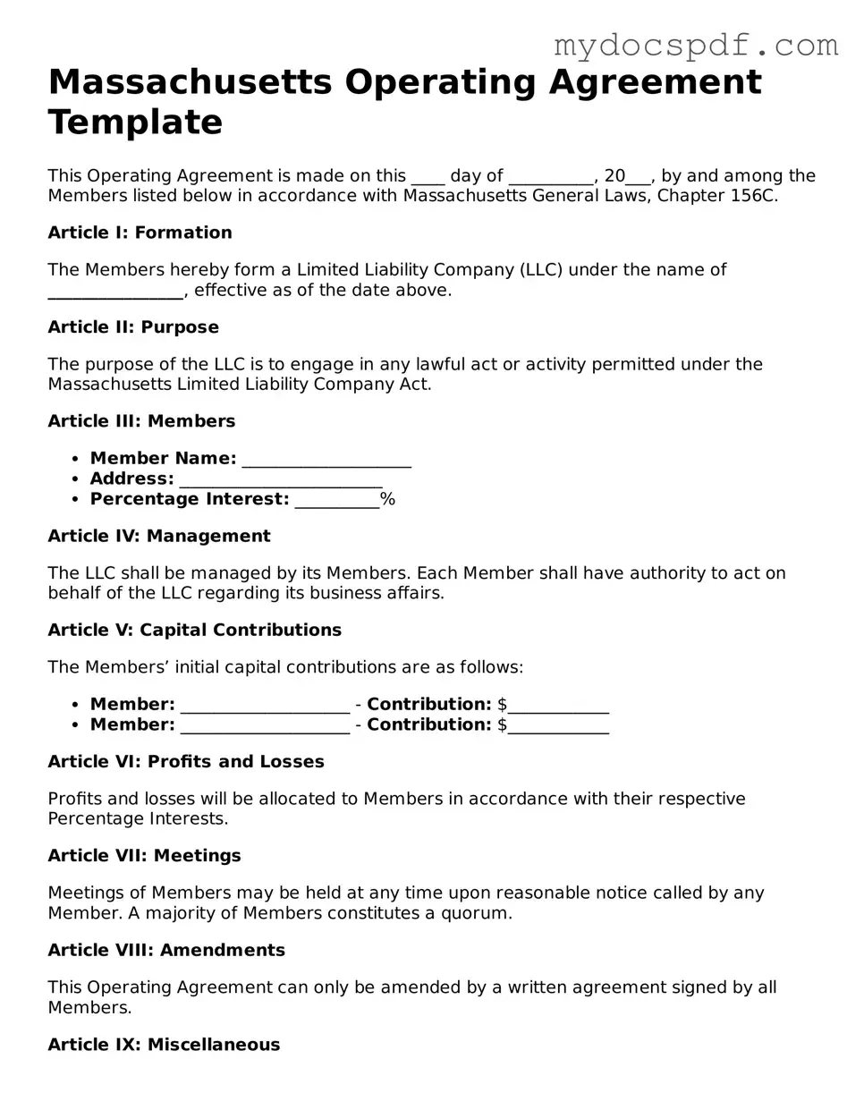 Fillable Massachusetts Operating Agreement Document