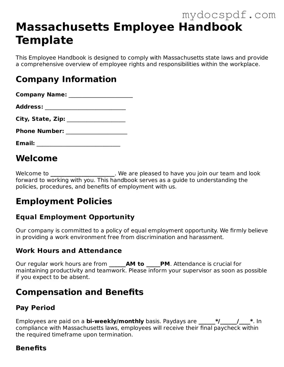 Fillable Massachusetts Employee Handbook Document