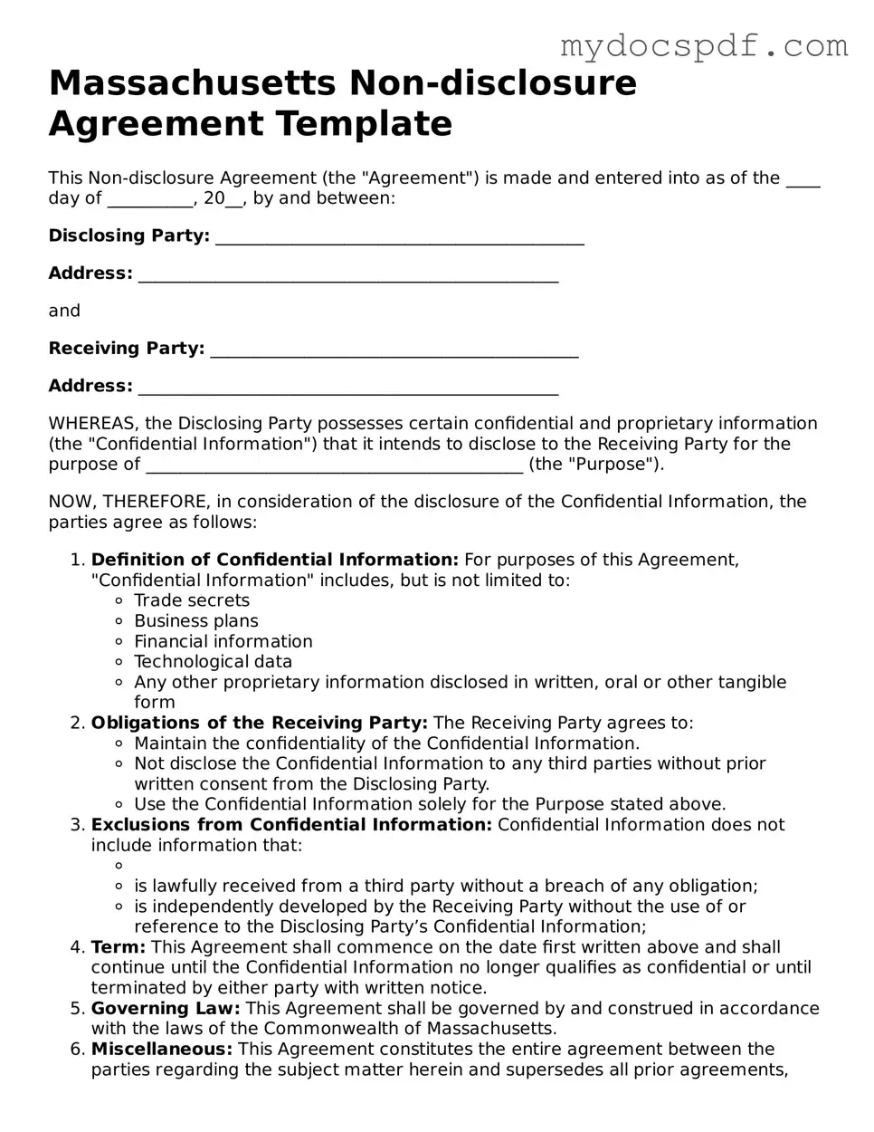 Fillable Massachusetts Non-disclosure Agreement Document