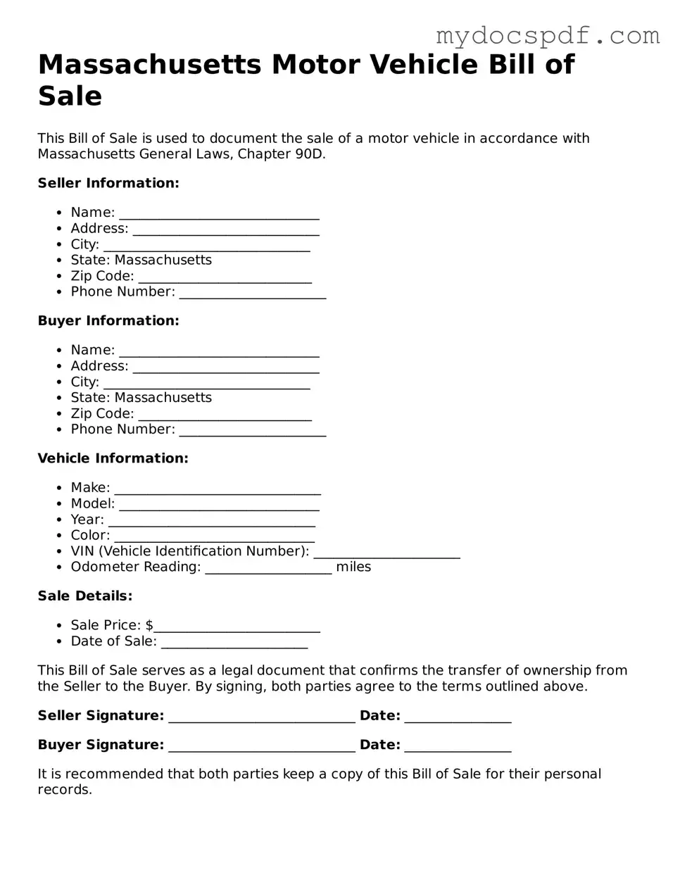 Fillable Massachusetts Motor Vehicle Bill of Sale Document