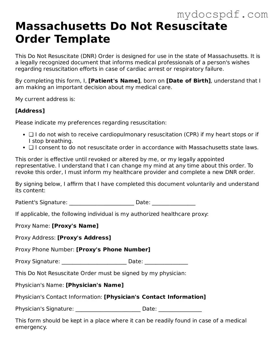 Fillable Massachusetts Do Not Resuscitate Order Document