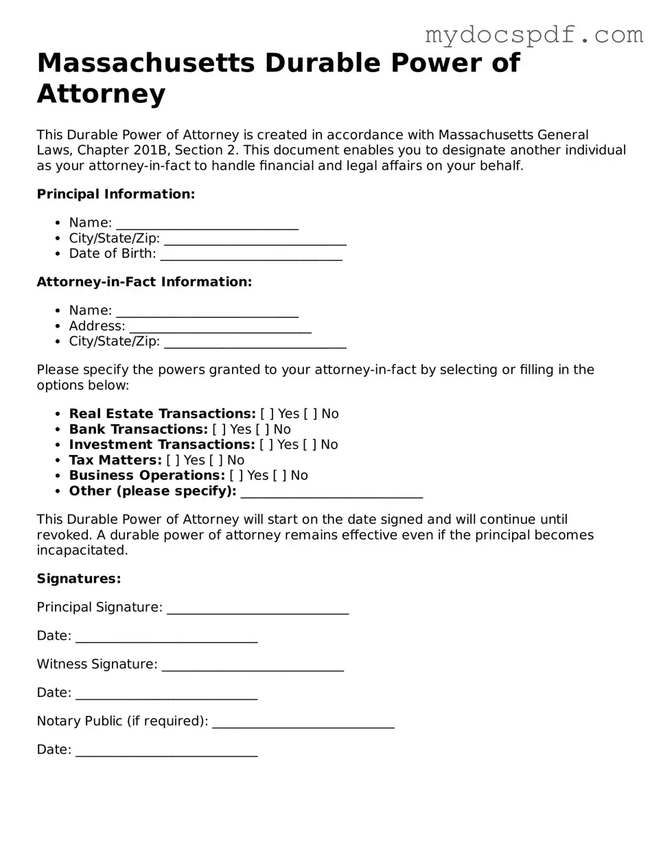 Fillable Massachusetts Durable Power of Attorney Document