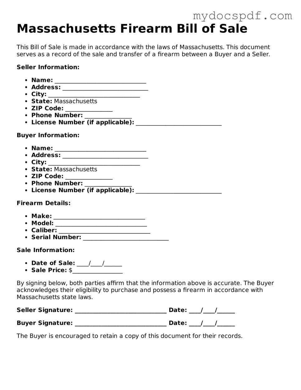 Fillable Massachusetts Firearm Bill of Sale Document