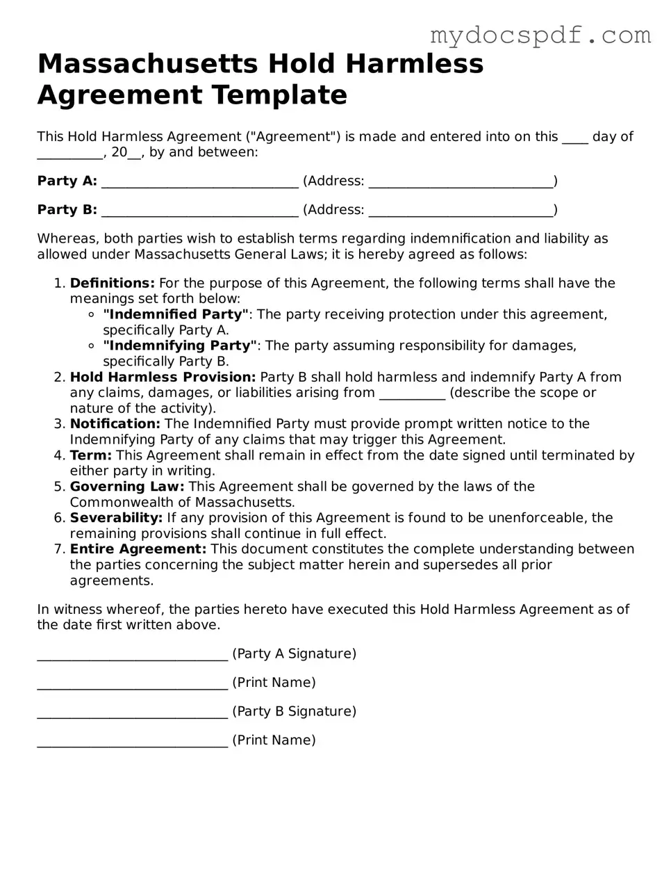 Fillable Massachusetts Hold Harmless Agreement Document