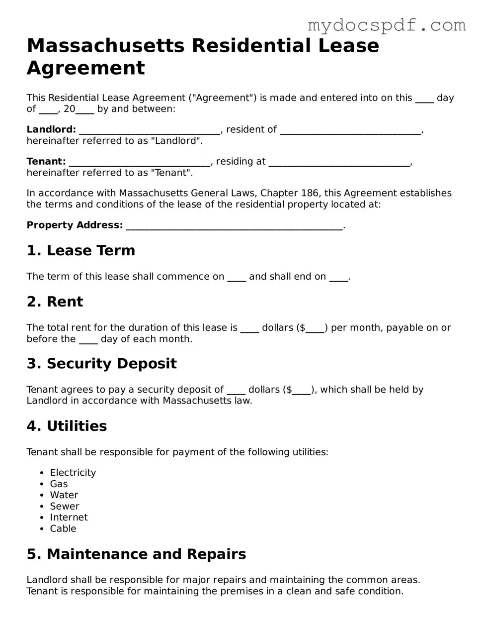 Fillable Massachusetts Residential Lease Agreement Document