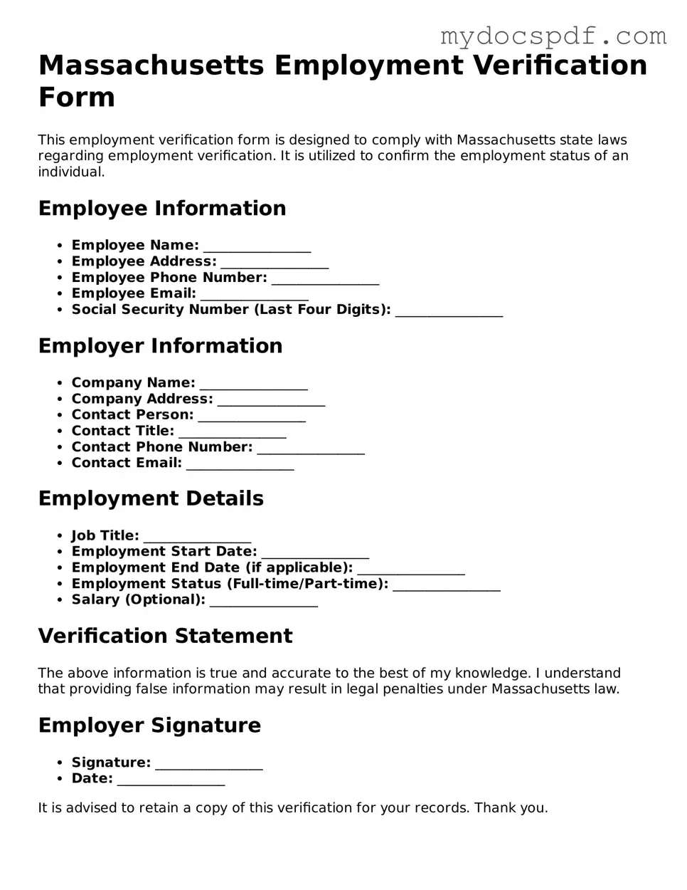 Fillable Massachusetts Employment Verification Document