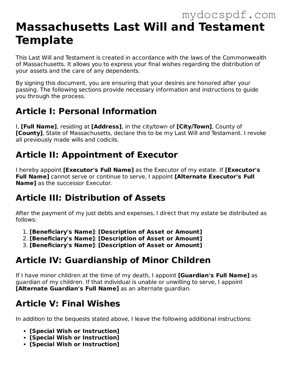 Fillable Massachusetts Last Will and Testament Document