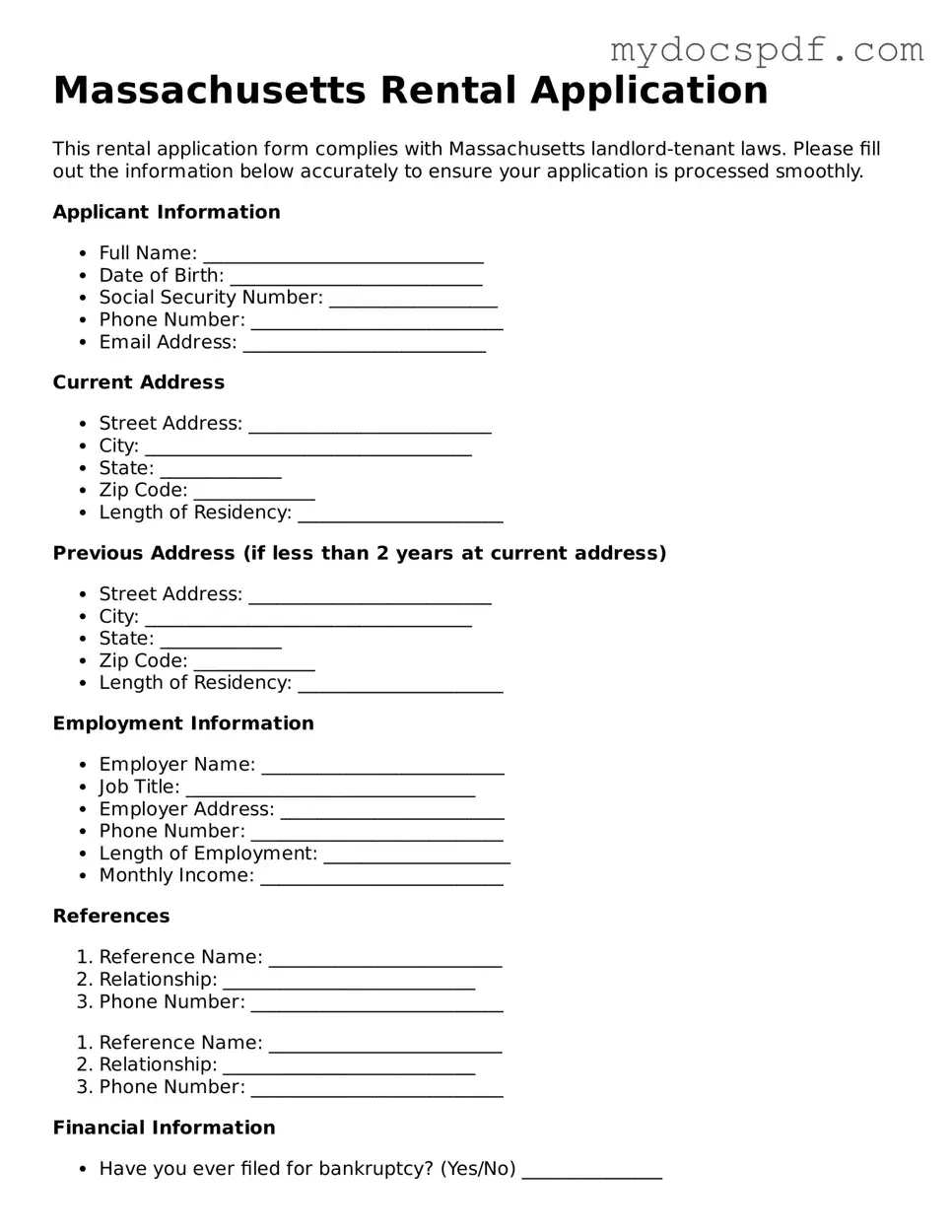 Fillable Massachusetts Rental Application Document