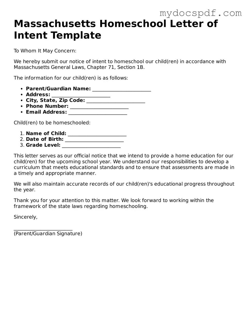 Fillable Massachusetts Homeschool Letter of Intent Document