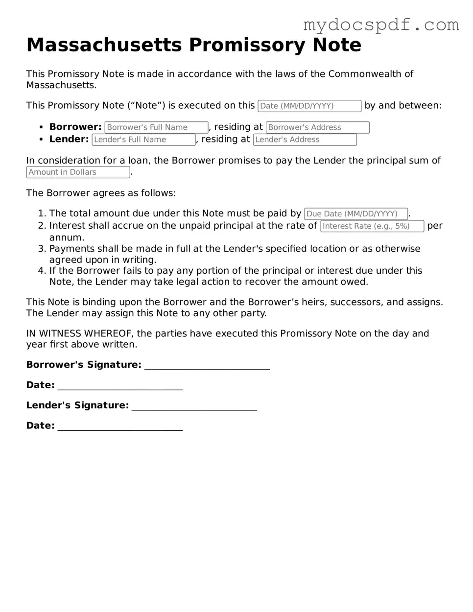 Fillable Massachusetts Promissory Note Document