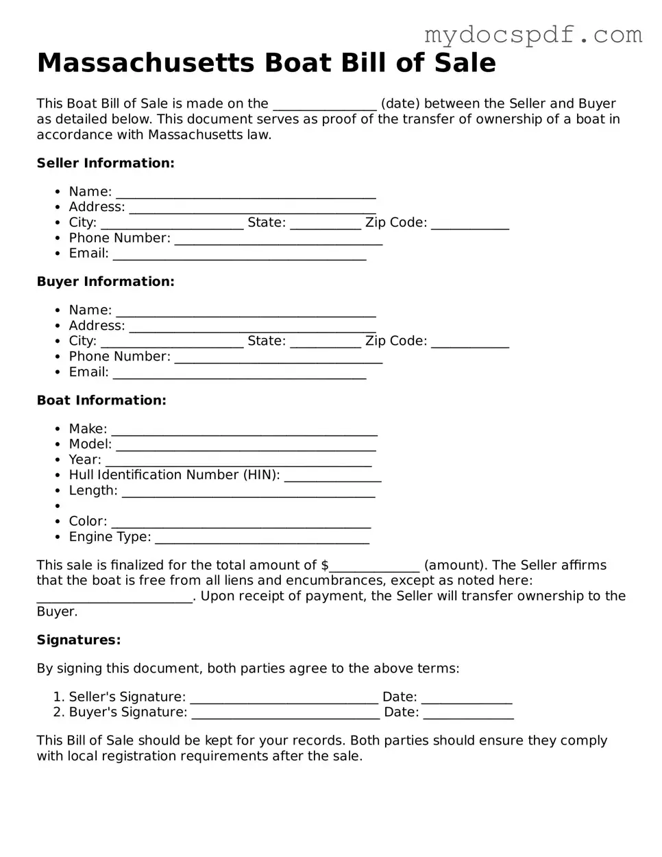 Fillable Massachusetts Boat Bill of Sale Document