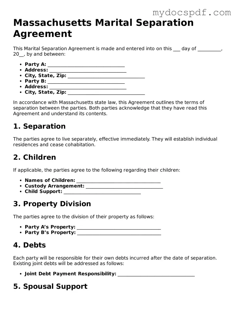 Fillable Massachusetts Marital Separation Agreement Document