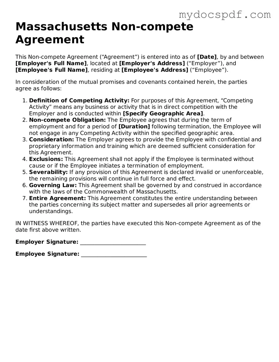 Fillable Massachusetts Non-compete Agreement Document