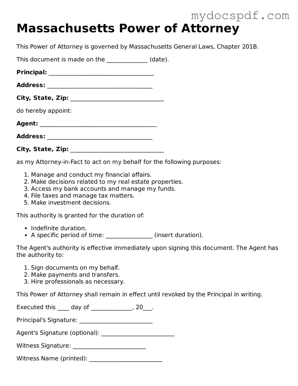 Fillable Massachusetts Power of Attorney Document