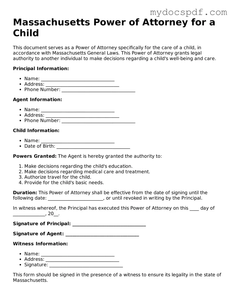 Fillable Massachusetts Power of Attorney for a Child Document