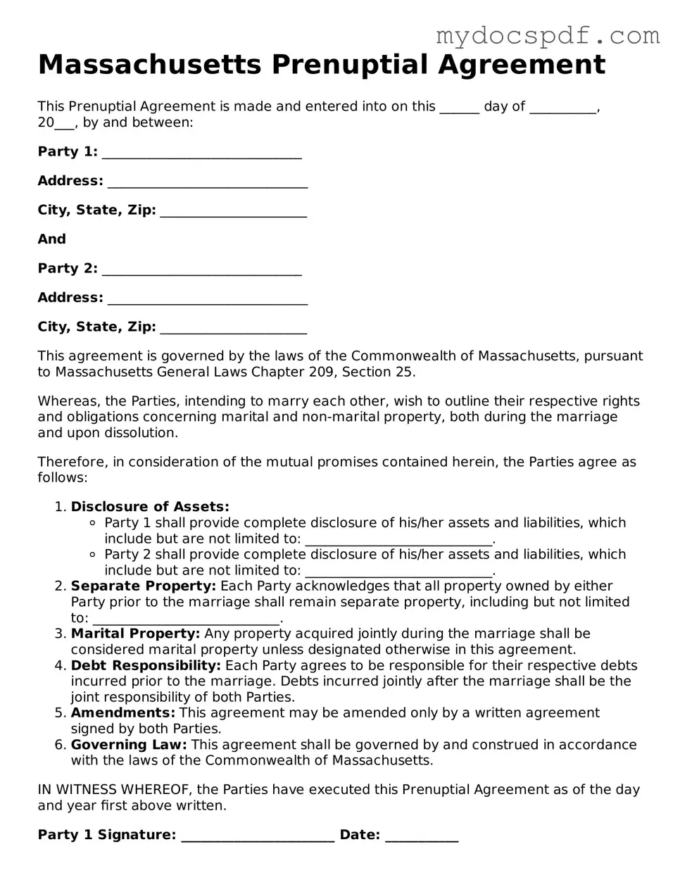 Fillable Massachusetts Prenuptial Agreement Document