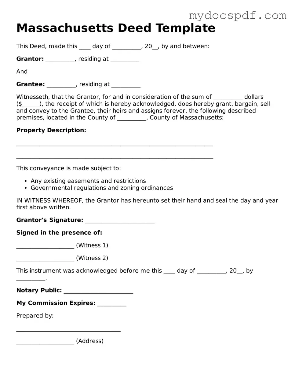 Fillable Massachusetts Deed Document