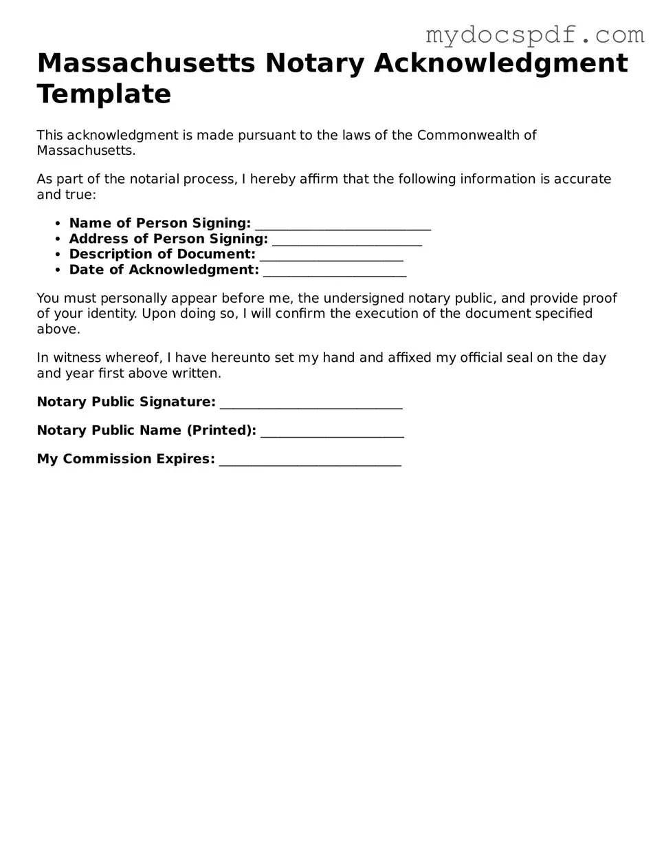 Fillable Massachusetts Notary Acknowledgement Document