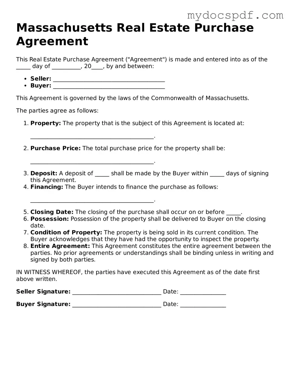 Fillable Massachusetts Real Estate Purchase Agreement Document
