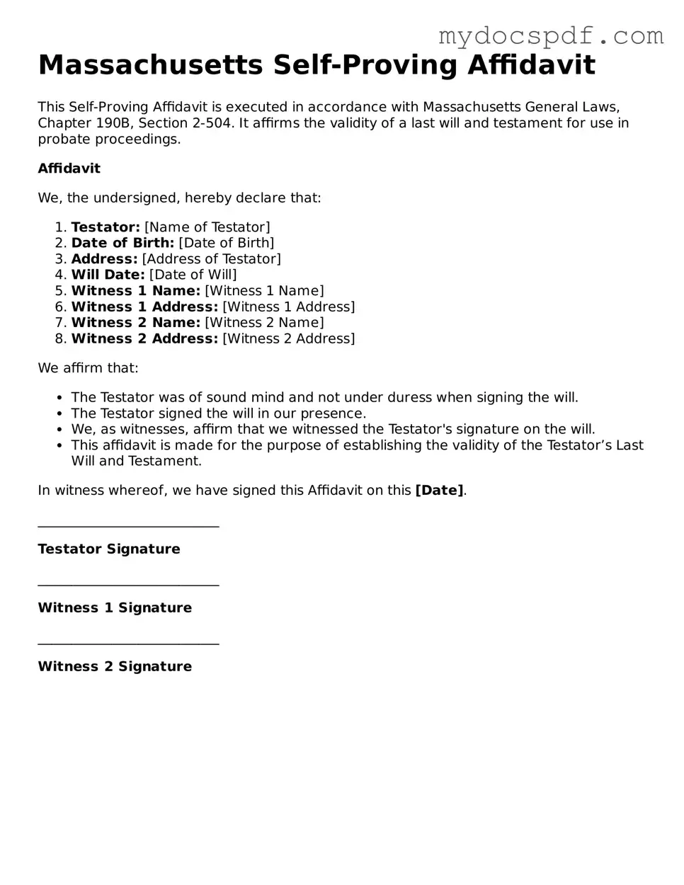 Fillable Massachusetts Self-Proving Affidavit Document