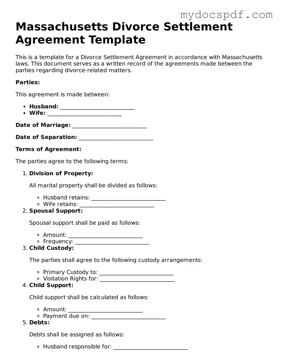 Fillable Massachusetts Divorce Settlement Agreement Document