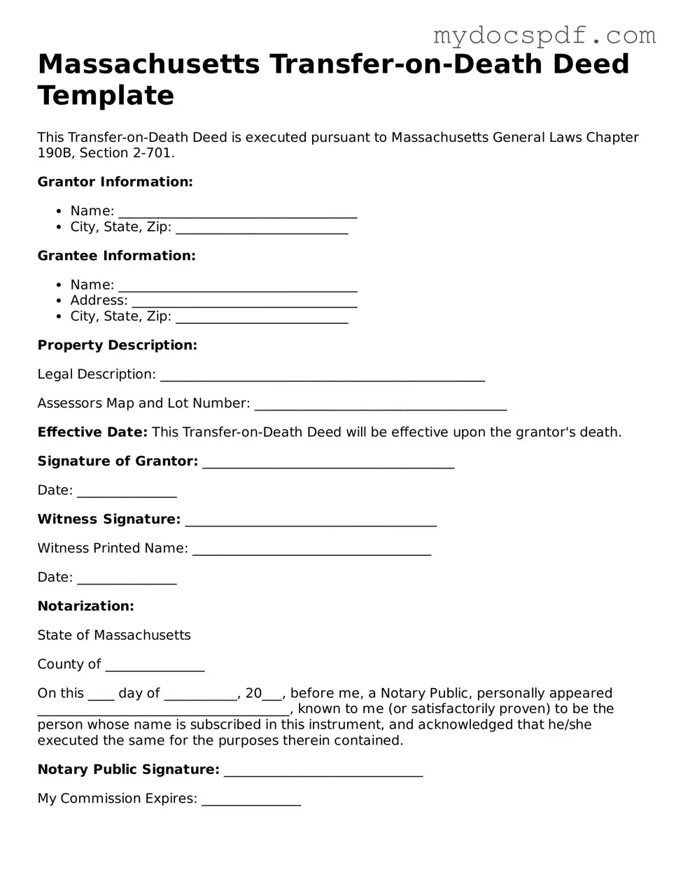 Fillable Massachusetts Transfer-on-Death Deed Document
