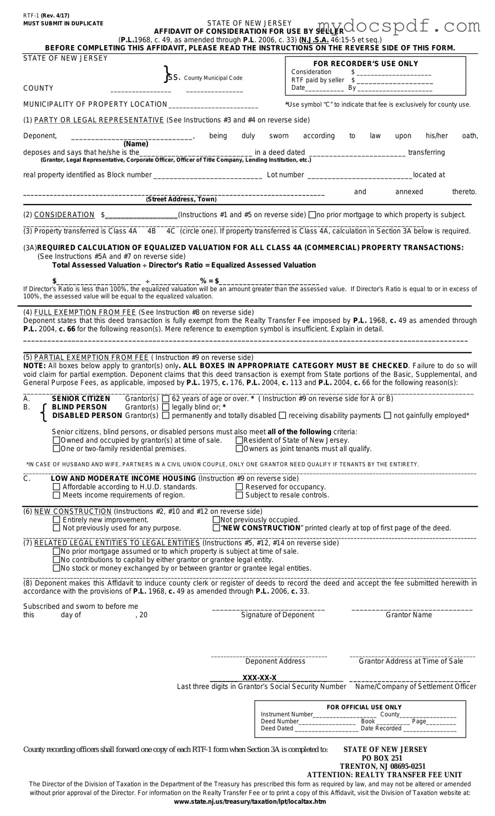 Get New Jersey Affidavit of Consideration RTF-1 Form in PDF