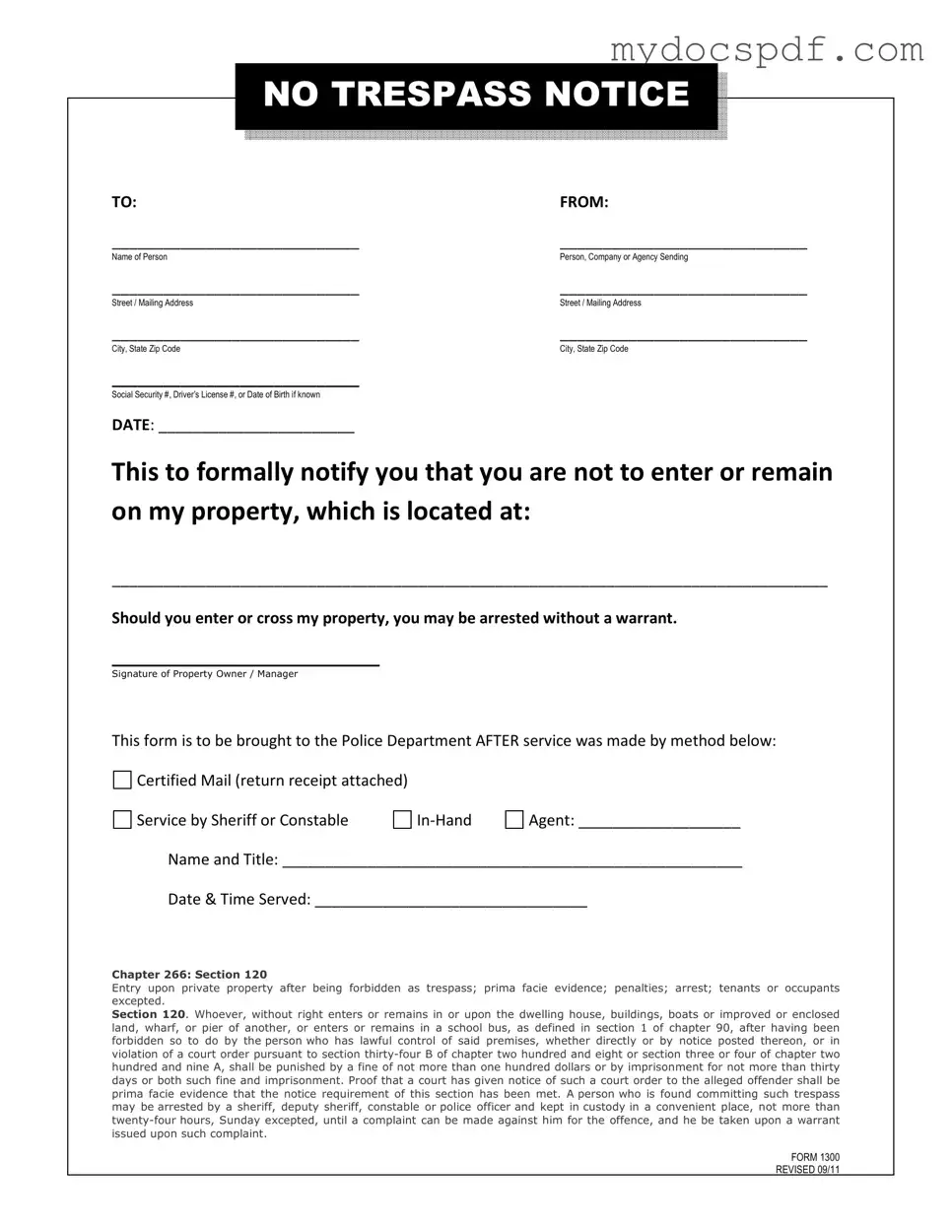 Get No Trespassing Letter Form in PDF