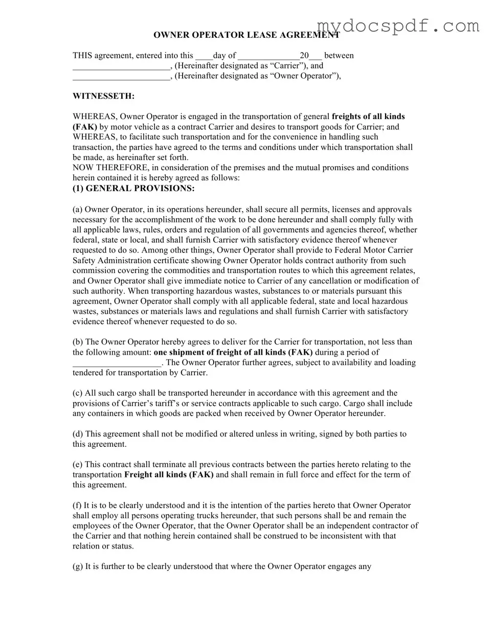 Get Owner Operator Lease Agreement Form in PDF