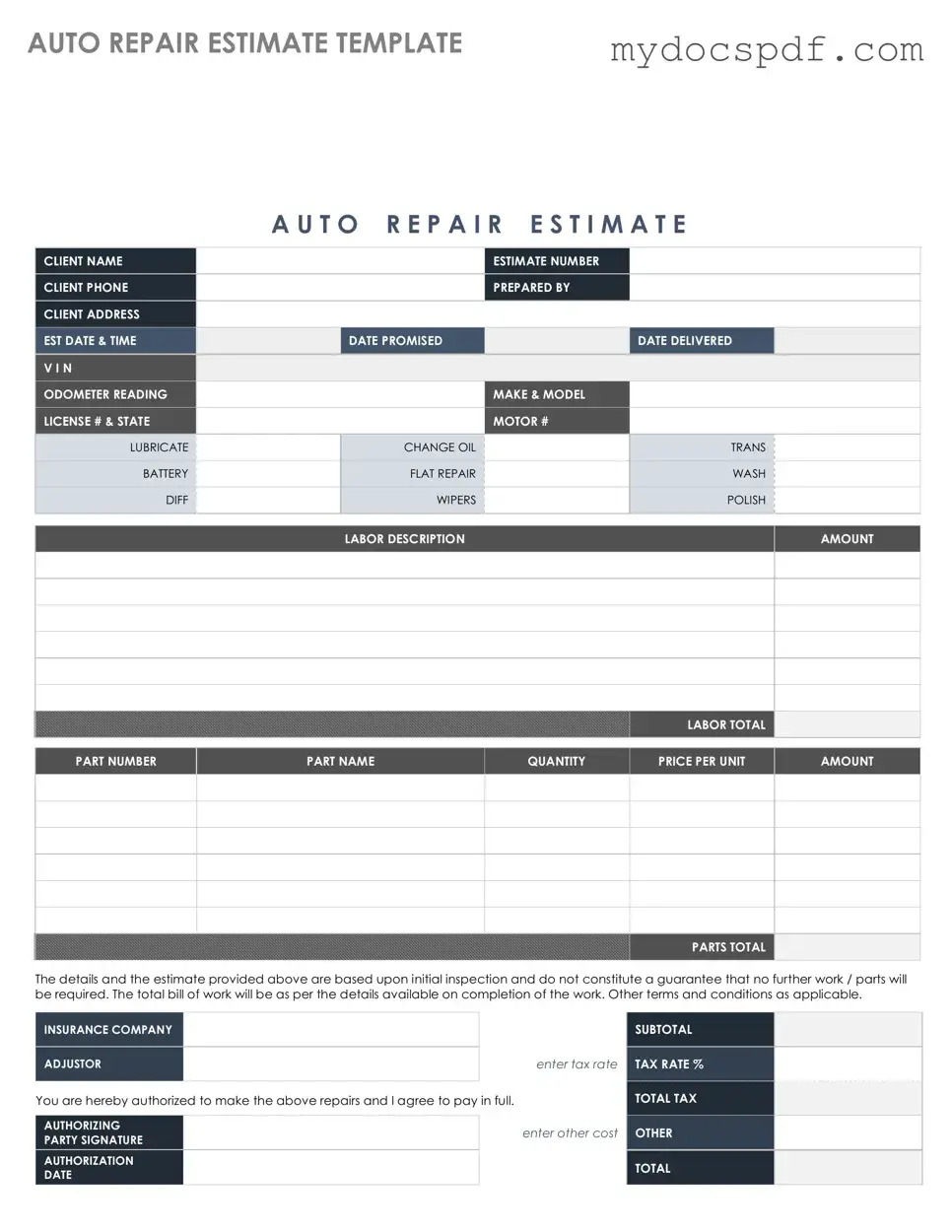 Get Auto Repair Estimate Form in PDF