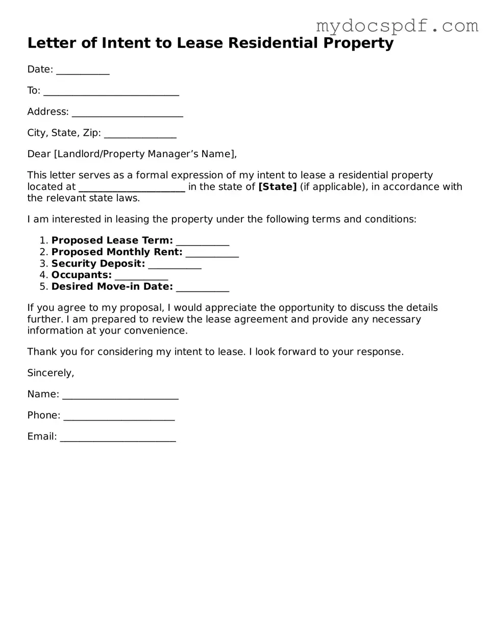 Attorney-Approved Letter of Intent to Lease Residential Property Template