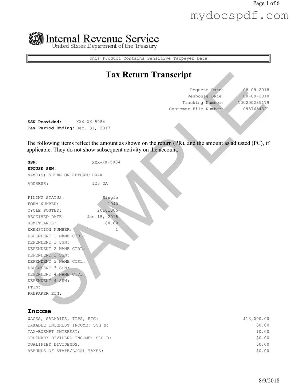 Get Sample Tax Return Transcript Form in PDF