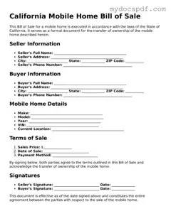 Fillable California Mobile Home Bill of Sale Document