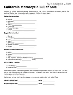 Fillable California Motorcycle Bill of Sale Document